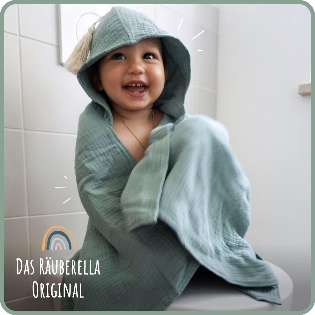 Räuberella® Kapuzenhandtuch-Baby in Mint-Grün I 75x100cm I Musselin-Badetuch-Baby aus 100% Bio-Baumw
