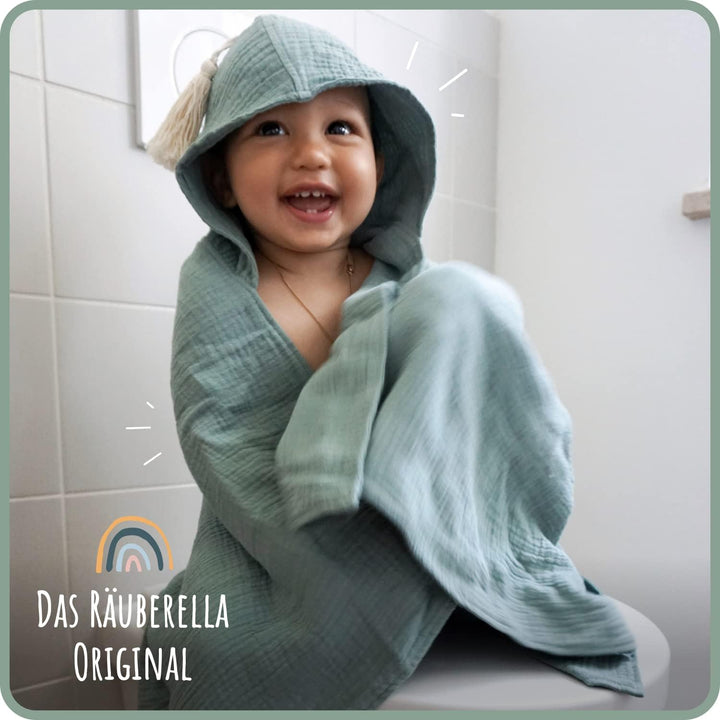Räuberella® Kapuzenhandtuch-Baby in Mint-Grün I 75x100cm I Musselin-Badetuch-Baby aus 100% Bio-Baumw