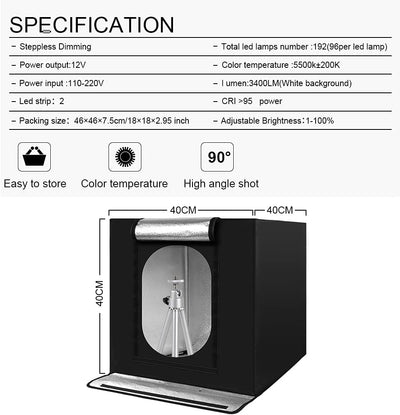 Photobox Fotostudio, 40x40x40 cm Tragbares faltbares Fotolichtbox Lichtzelt mit 2 LED Beleuchtung 48