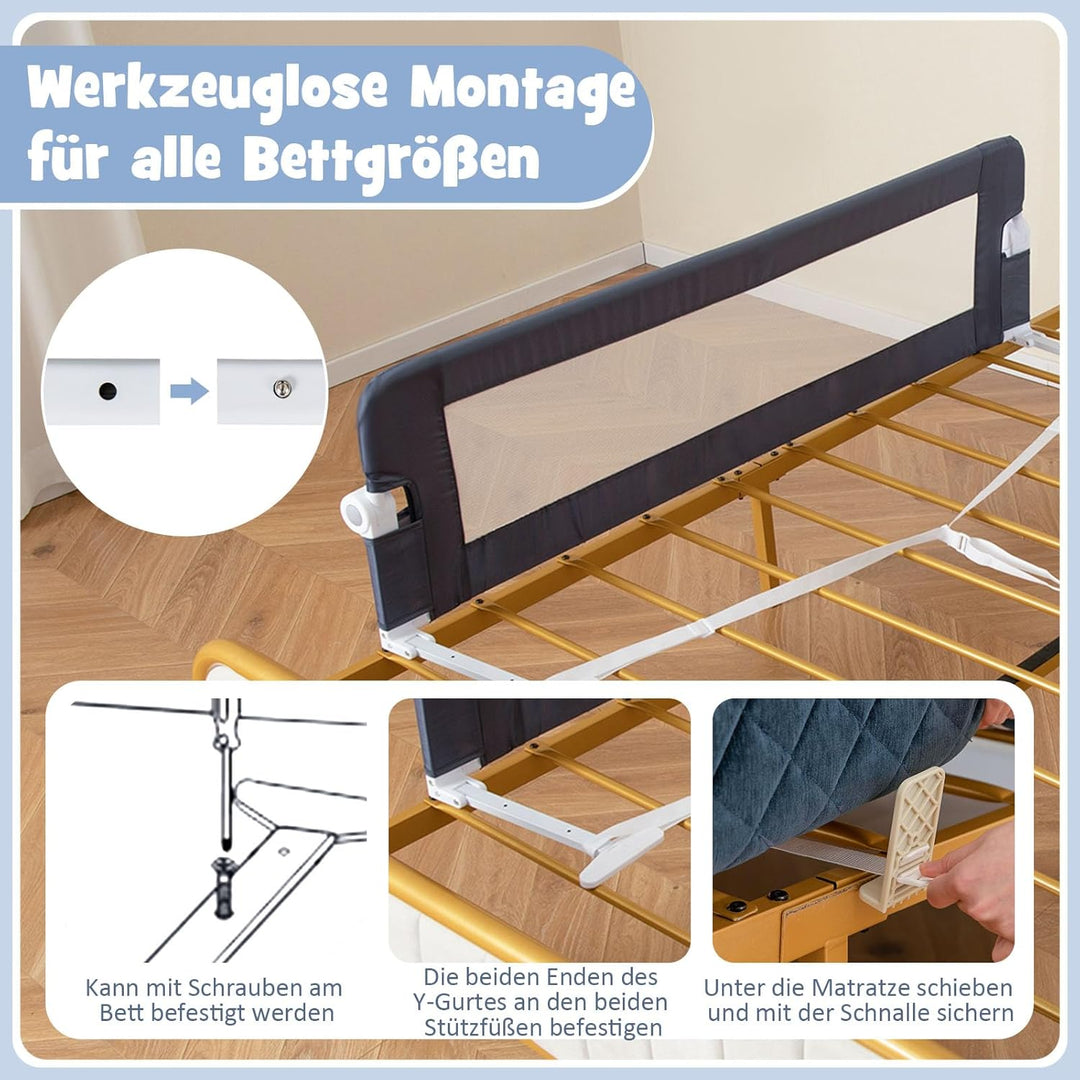 DREAMADE Bettgitter 150/120/105 cm, Kinderbettgitter Schutz, Kinderschutzgitter aus PP & Oxford, Bab