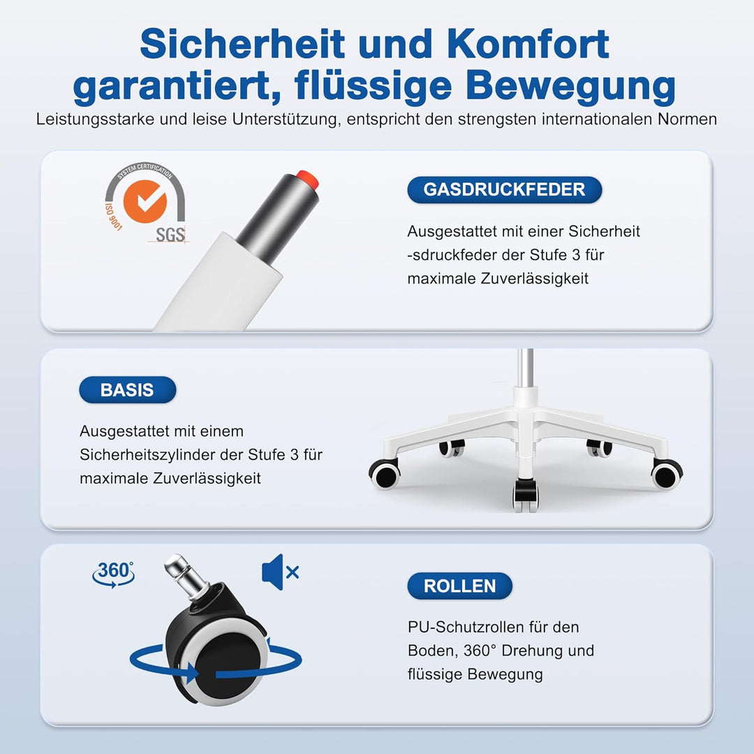 Bürostuhl, Bürostuhl Ergonomisch mit Verstellbarer Kopfstütze, Armlehnen, Lendenwirbelstütze, Schrei