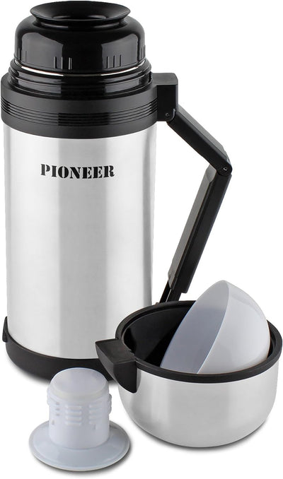 Pioneer Outdoor-Isolierflasche aus Hochwertigem Edelstahl mit Griff und Tasse 1,2 L Doppelwandig Aus