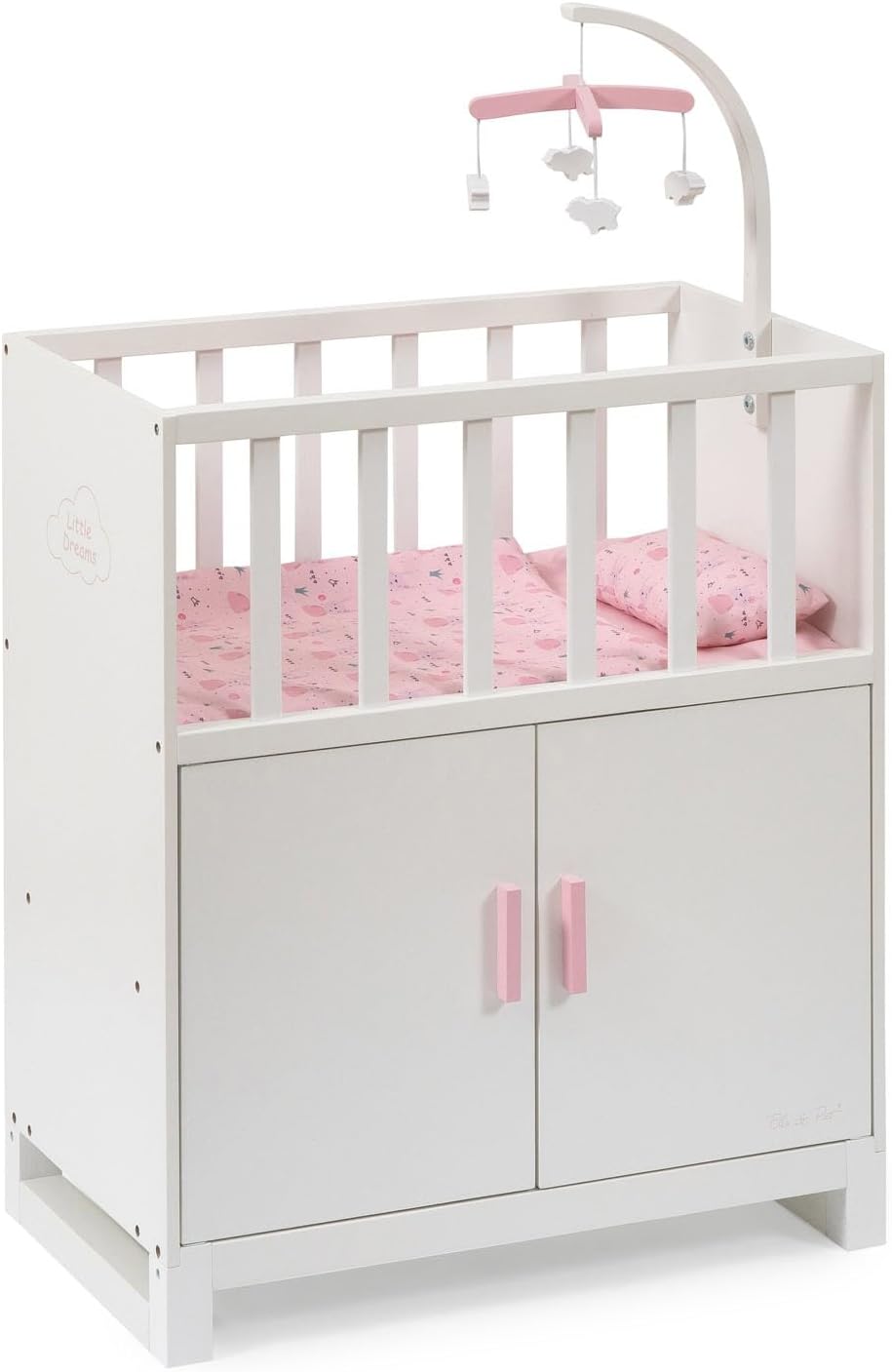 Puppenbett Cozy mit Schrank und Mobile aus Holz (Weiss-Rosa)