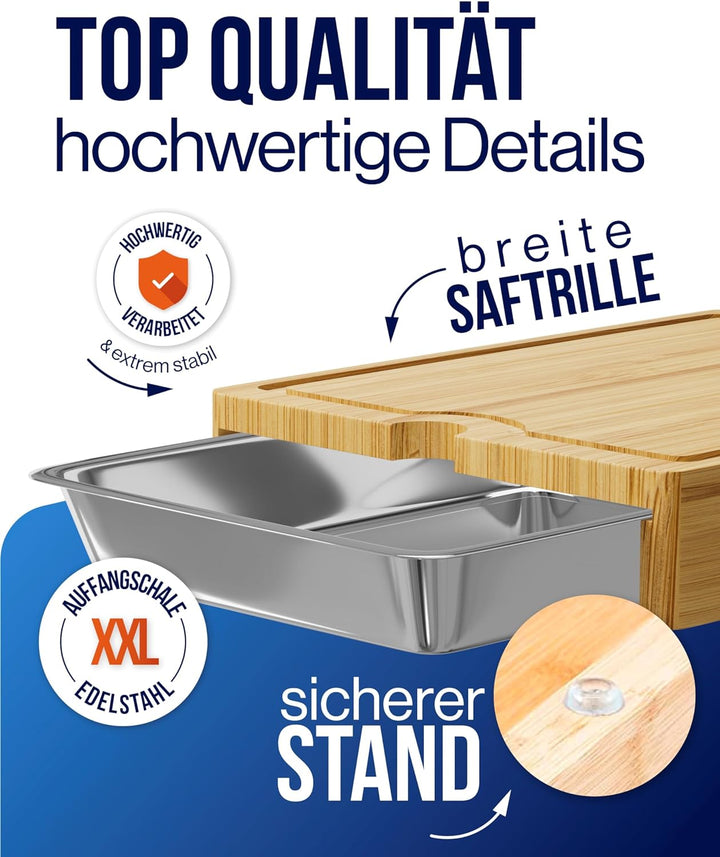 HaushaltsFuchs® Premium 100% FSC® Bambus Schneidebrett mit grosser Auffangschale inkl. Handyhalterun
