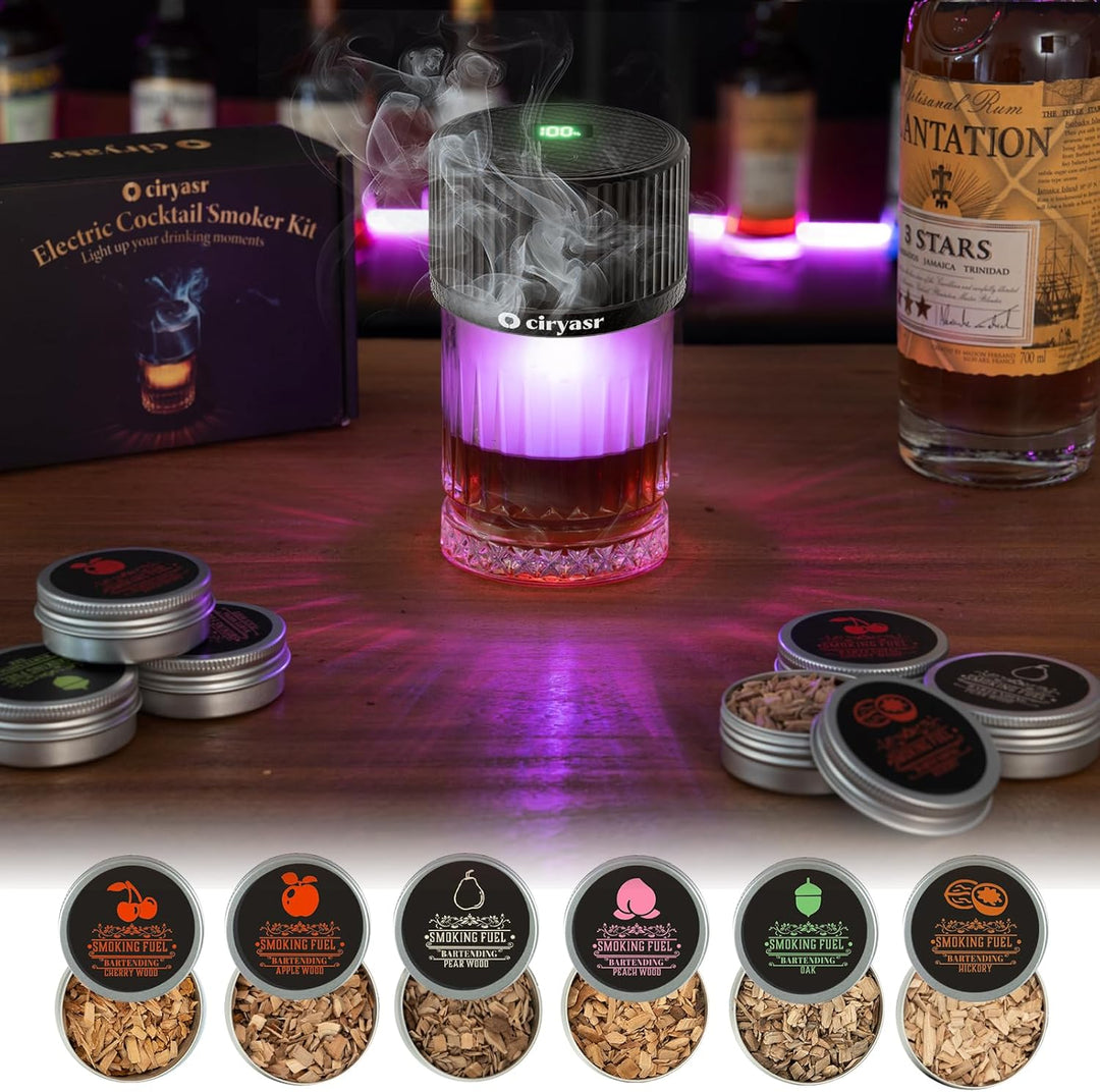 Whiskey Smoker Kit, CIRYASR Cocktail Räucherset Elektrisch ohne Butan mit 6 Flavors Holzspänen, RGB