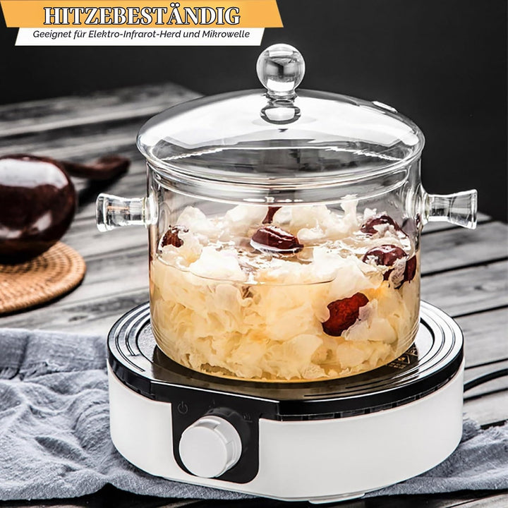 1400ml Glas Topf, Glastopf mit Deckel zum Kochen, Hochtemperaturbeständiger Transparenter Glaspfanne