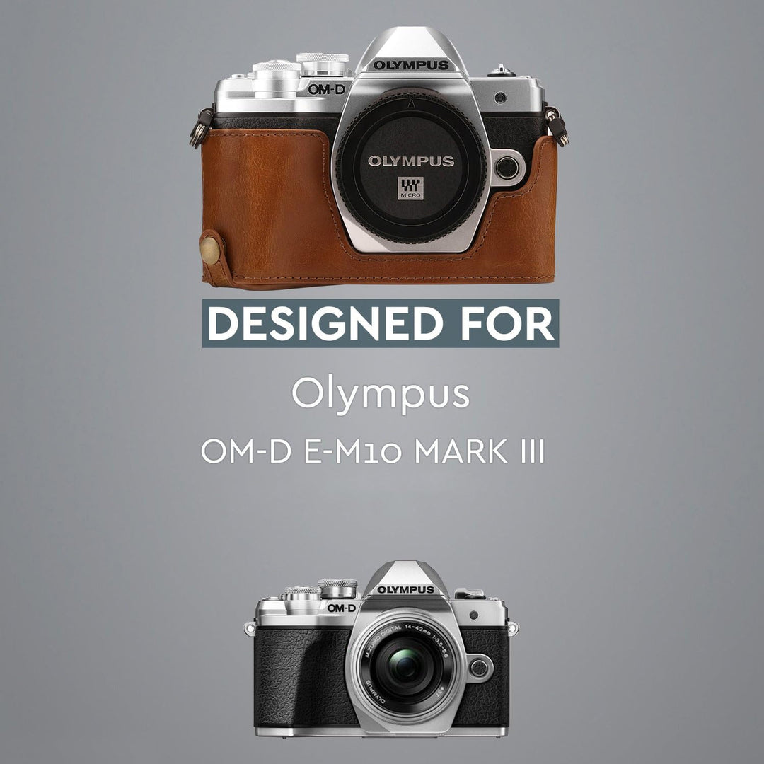 MegaGear Ever Ready Leder Kamera Halbtasche mit Trageriemen kompatibel mit Olympus OM-D E-M10 Mark I