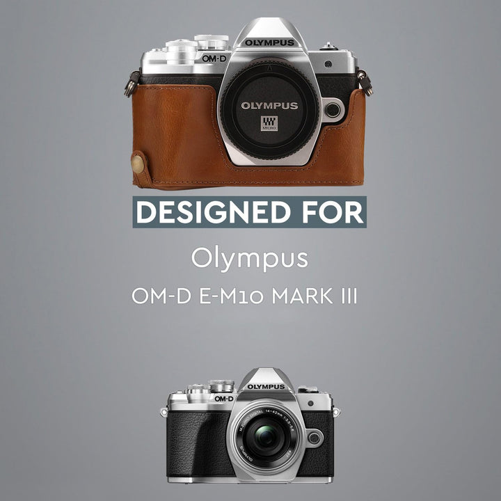 MegaGear Ever Ready Leder Kamera Halbtasche mit Trageriemen kompatibel mit Olympus OM-D E-M10 Mark I