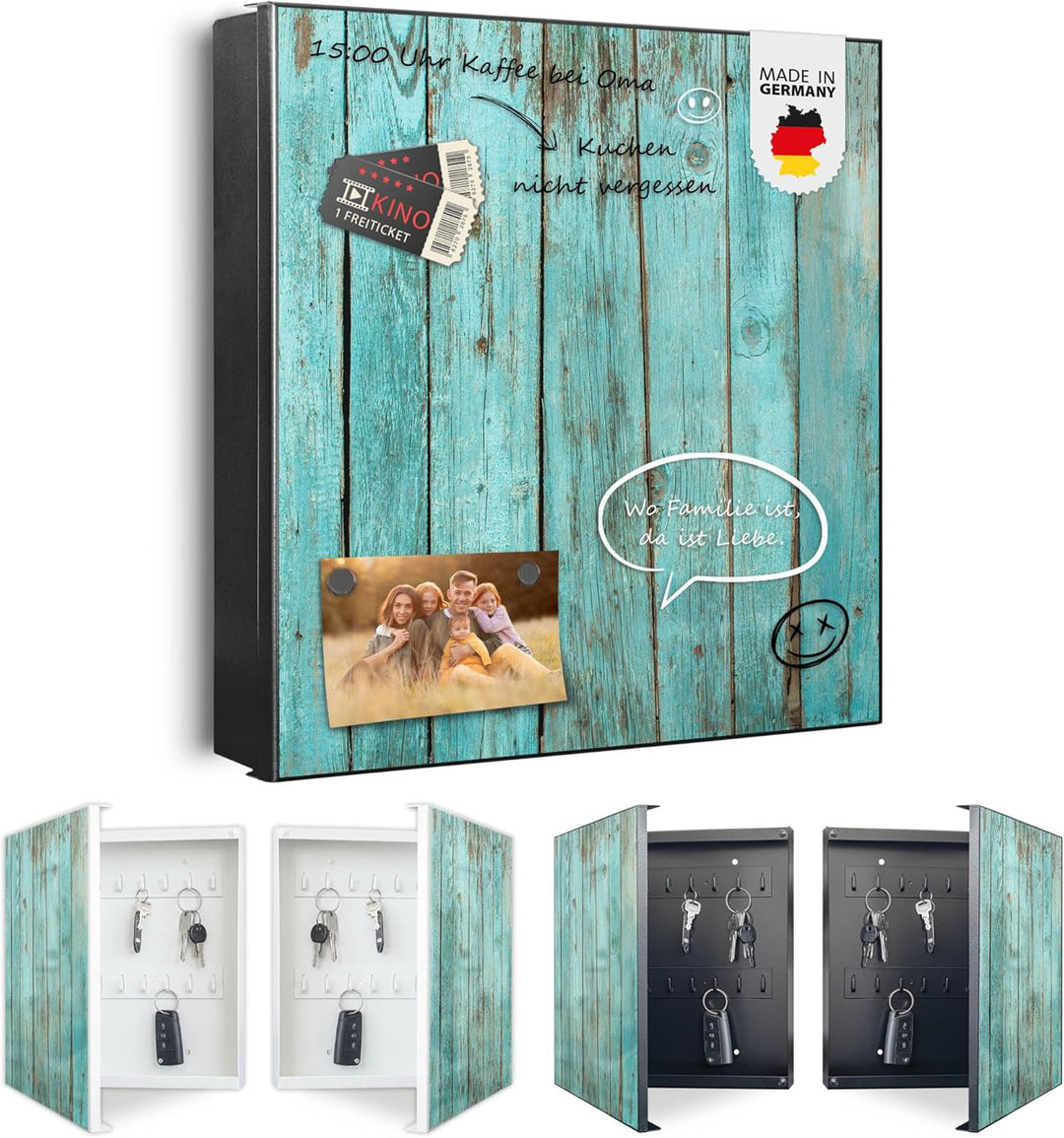 banjado® Grosser Schlüsselkasten Glas/Schlüsselbox 30cm x 30cm mit 50 Haken - Motiv Blaues Holz/Schl
