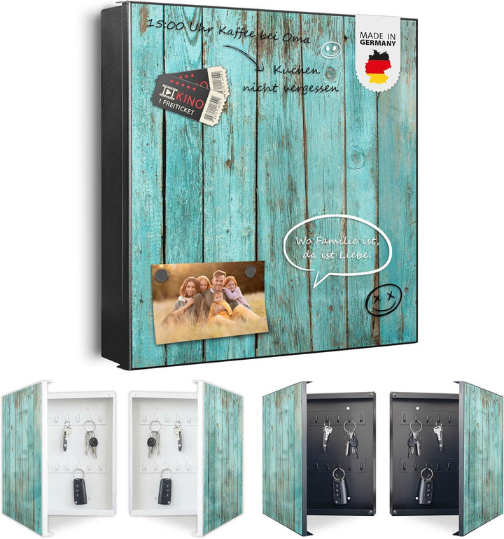 banjado® Grosser Schlüsselkasten Glas/Schlüsselbox 30cm x 30cm mit 50 Haken - Motiv Blaues Holz/Schl
