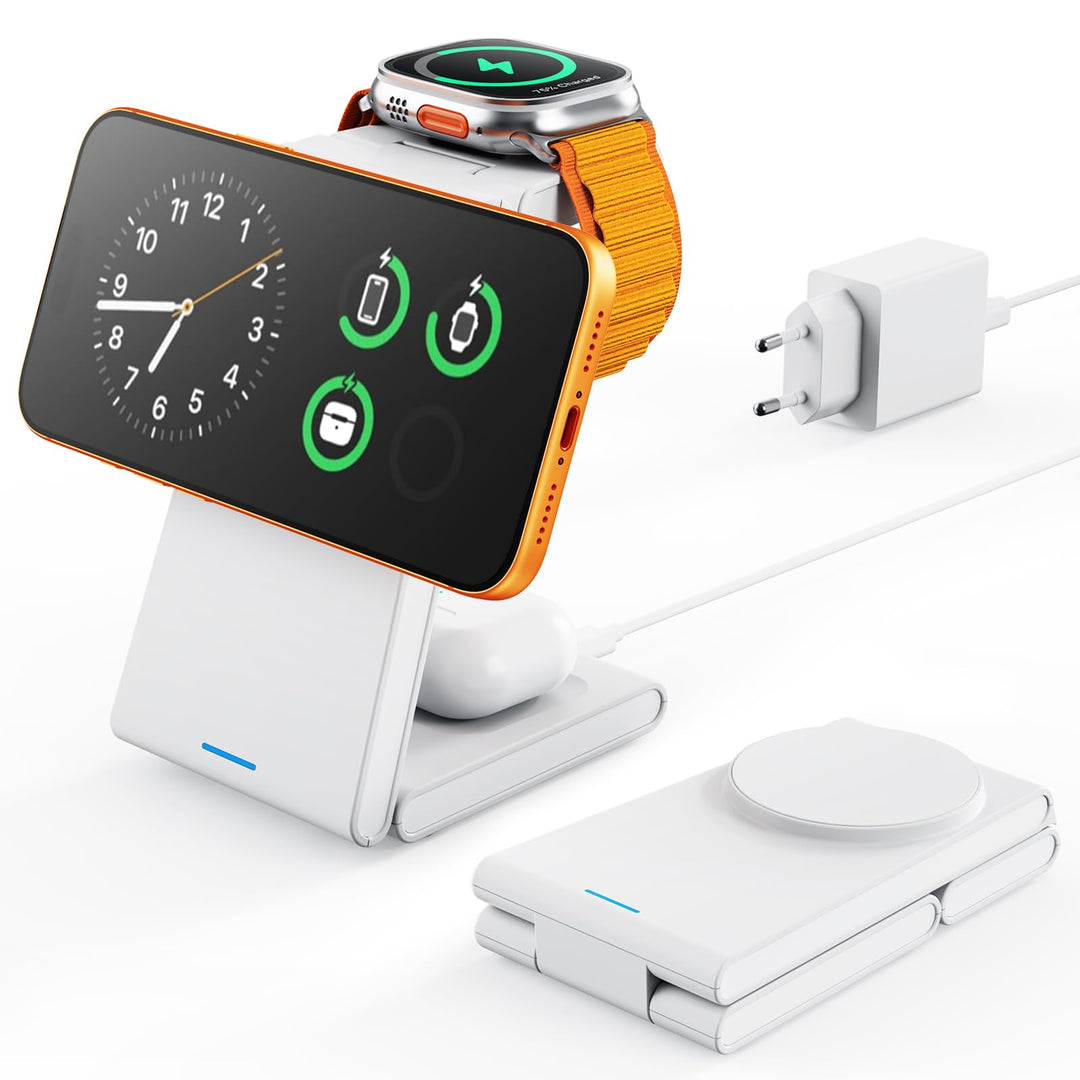 GEEKERA 3-in-1 Faltbar Ladegerät für Mag-Safe, Induktive Ladestation für Apple Watch und iPhone, Ind