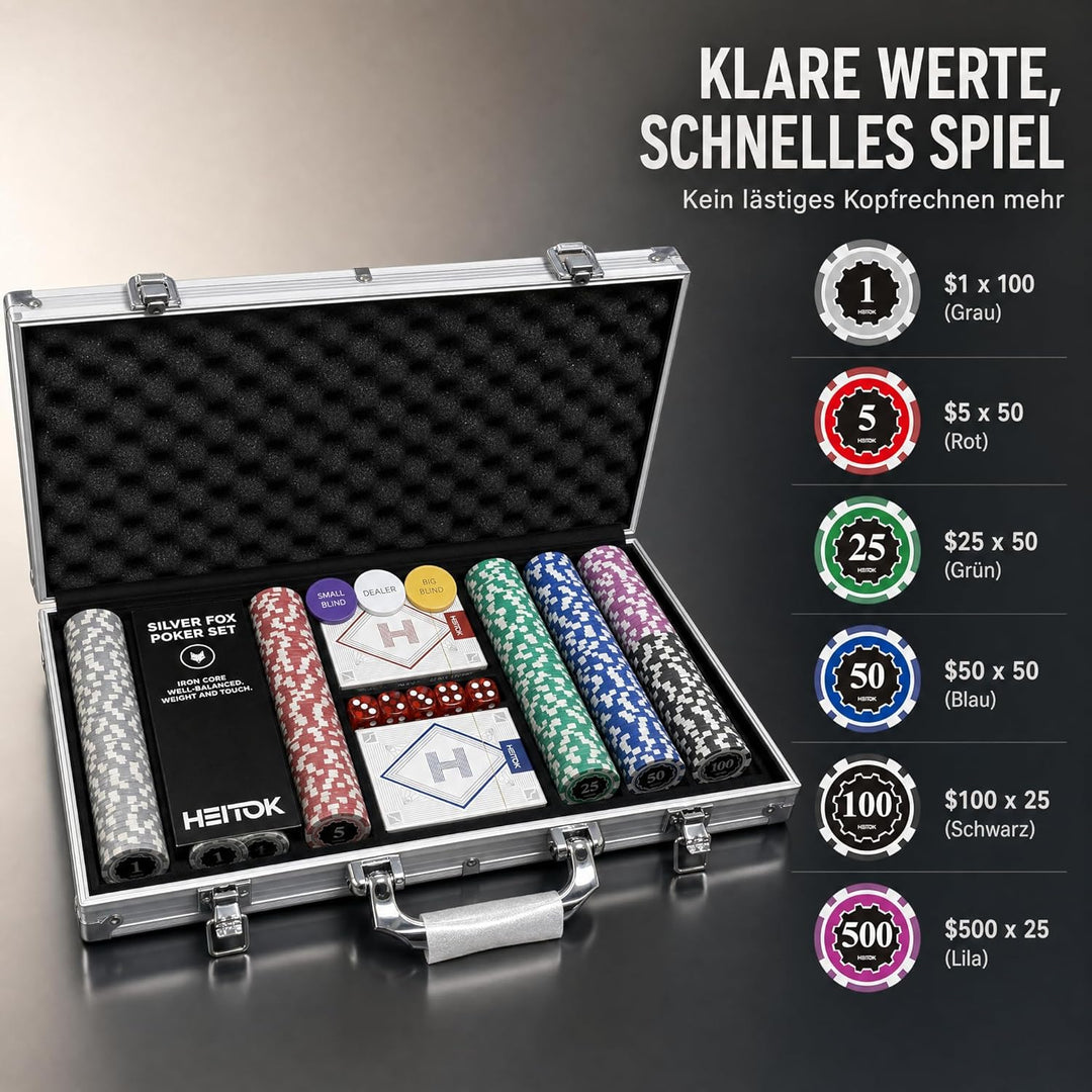 Poker-Chip-Set mit Nennwerten, 300 Stück, 11,5 g, professionelle nummerierte Chips mit Aluminiumkoff