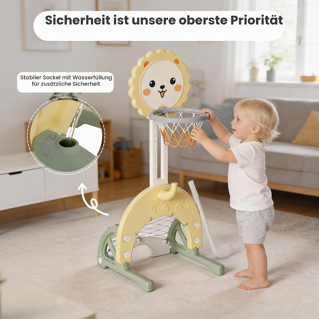 3-in-1 Kinder Basketballkorb Set, Höhenverstellbarer Basketballständer mit Fussballtor und Ringwurf,