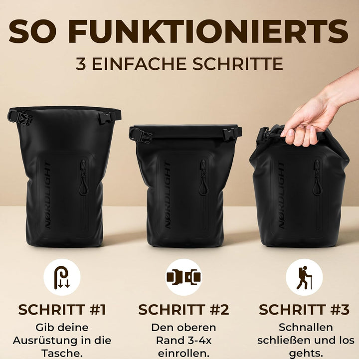 Nordlight Dry Bag wasserdichte Tasche mit Handyhülle + Roll-Top, Schultergurt | Drybag wasserfester