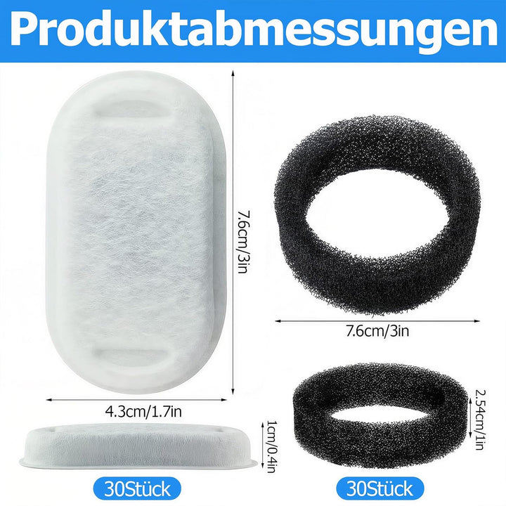 60er Pack Katzenbrunnen Filter Set, 30 Stück Kohlefilter und 30 Stück Schaumfilter, Filter für Katze