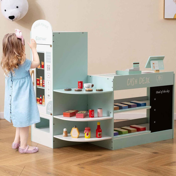 HOMASIS Kinder Kaufladen, Kaufmannsladen Holz mit 15 Zubehör & Tafel, Verkaufsstand mit Seitentheke,