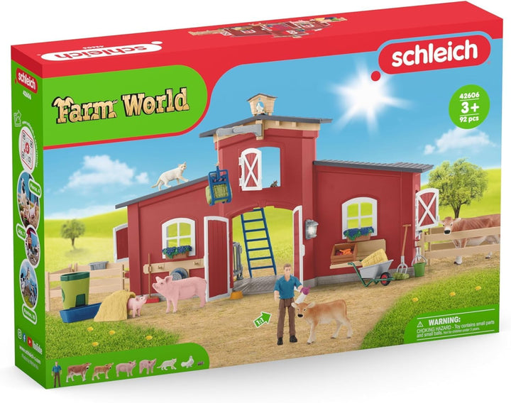 schleich FARM WORLD | Grosse rote Farm mit Bauernhaus 42606 | Set inkl. Haus, Bauer, Kuh, Schwein, K