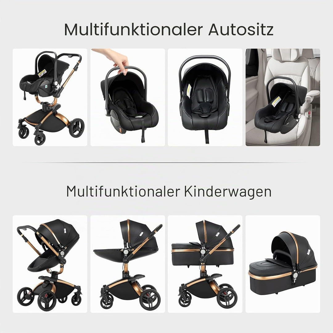 Prokoke PU-Leder Kinderwagen 3 in 1, Buggy mit Verstellbarem Sitz mit 360°-Drehung, Kinderwagen mit