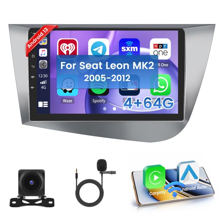 Hikity [4+64GB] Android 15 Autoradio CarPlay Android Auto Wireless für Seat Leon MK2 2005-2012 Radio