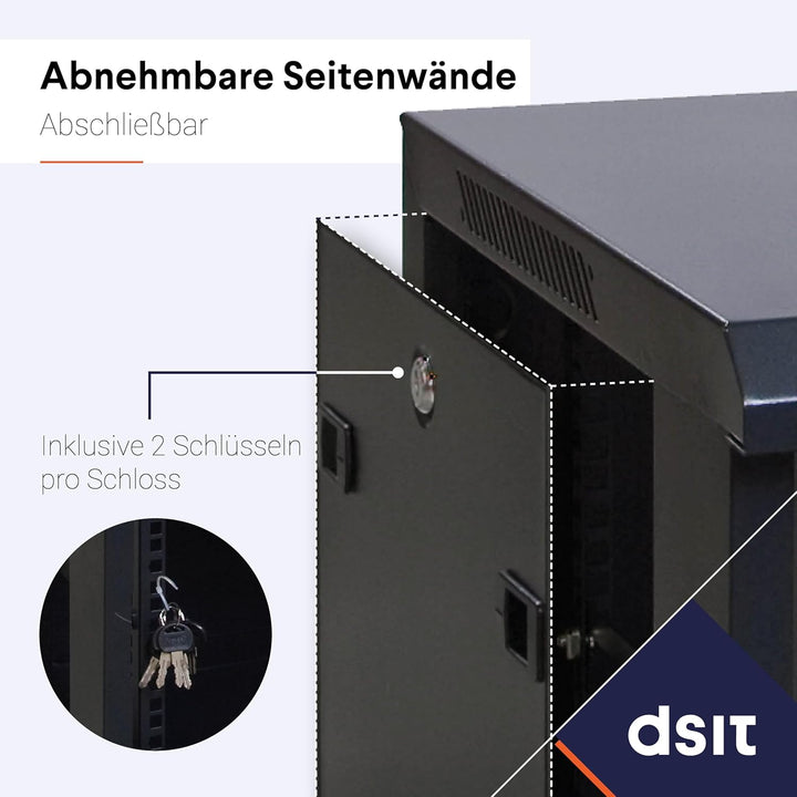 DSIT 9HE Netzwerkschrank (Serverschrank) 19 Zoll Wandmontage - mit Glastür (BxTxH) 600 x 450 x 500mm