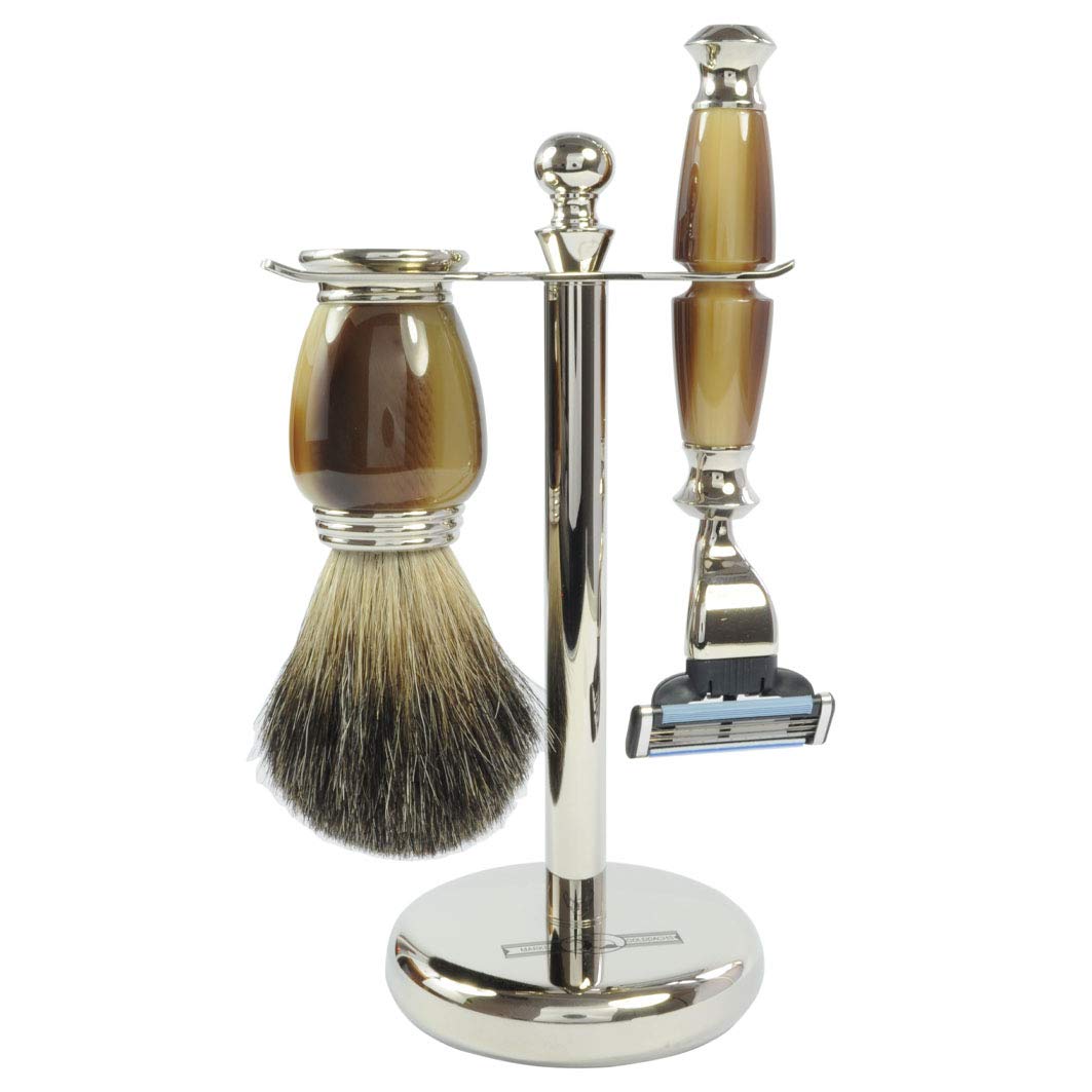 Golddachs Rasierset Galalith/silber, Kunsthorn/Messing-Bestückung, 100% Dachshaar