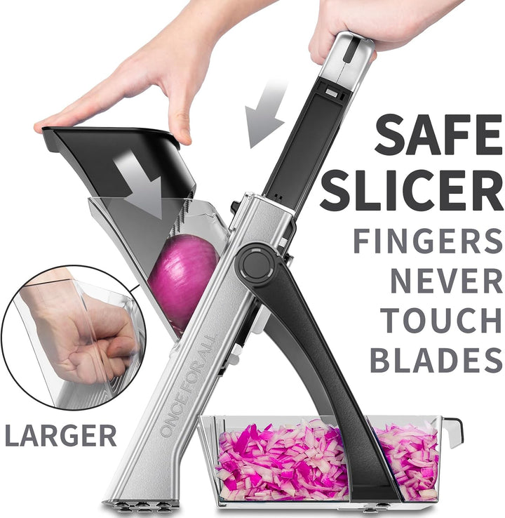 ONCE FOR ALL Upgrade Safe Mandoline Slicer Plus, grössere Grösse, verstellbarer Gemüse- und Lebensmi
