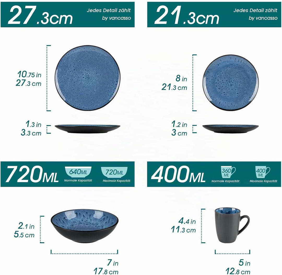 Geschirrset Steinzeug, vancasso BUBBLE 16-tlg Geschirr Set blau, Reaktive Glasur Tafelservice mit Te