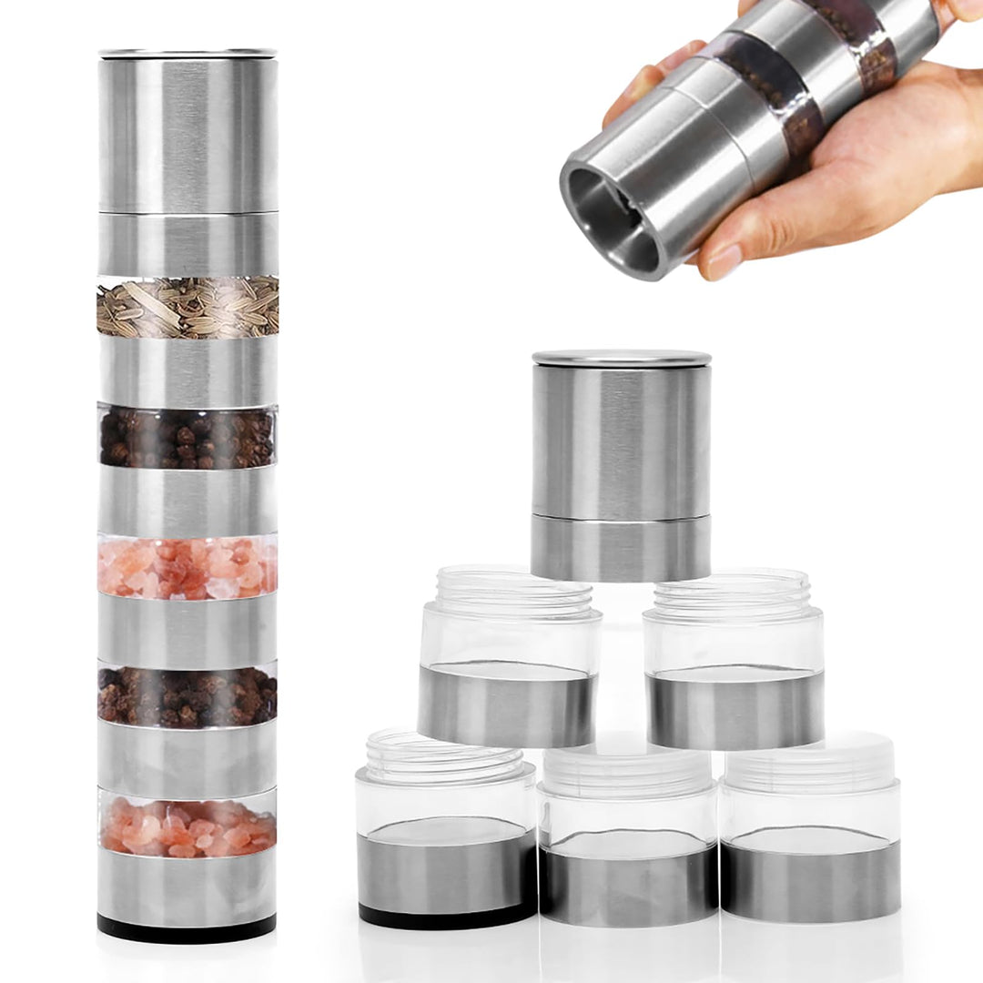 5 in 1 Gewürzstreuer, Gewürzgläser Camping mit Deckel, ABS Mini Gewürzstreuer mit Gewürzmühle, Edels