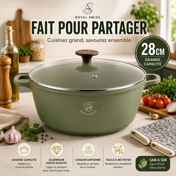 Royal Swiss® Kochtopf Ø 28 cm – 6 L – Induktionsgeeignet & Ofenfest – Gussaluminium mit Marmor-Antih