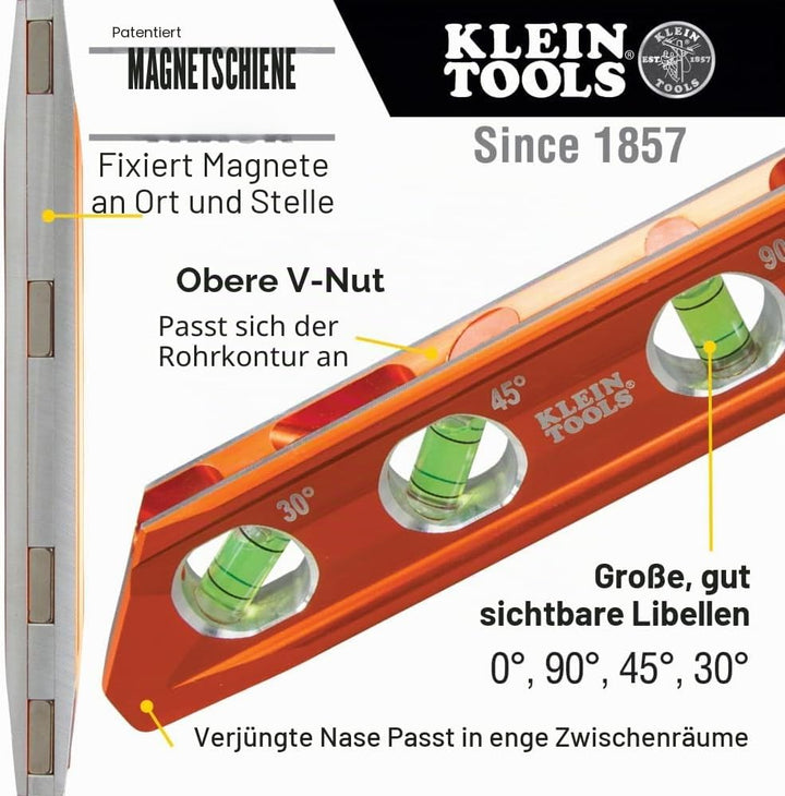 Torpedo Wasserwaage, magnetisch, 4 Libellen für Rohrbiegen & mehr, mit V-Nut & Magnetschiene Klein T