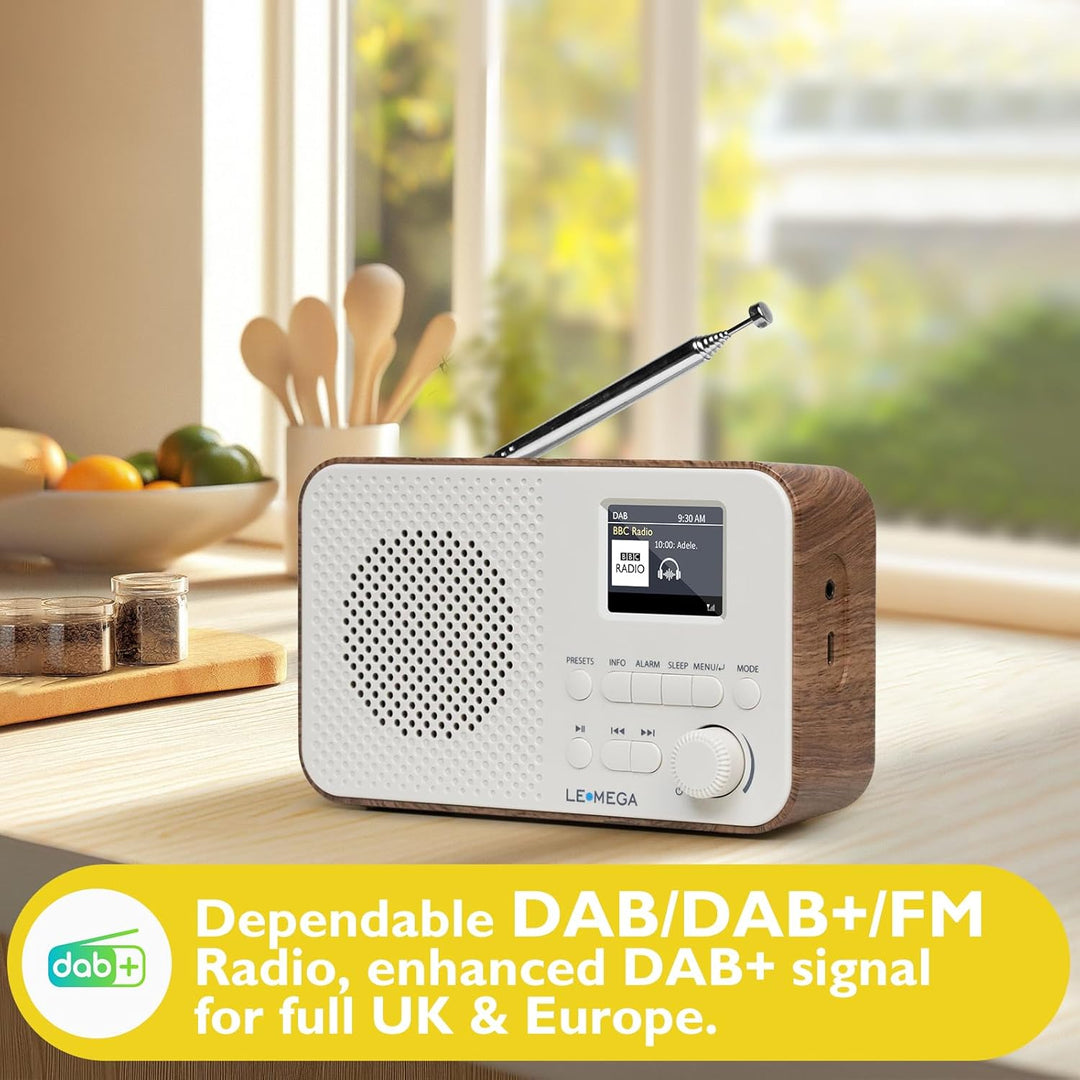 Tragbares DAB+-Radio mit Bluetooth | Wiederaufladbarer Akku mit 15 Stunden Spielzeit oder Netzbetrie