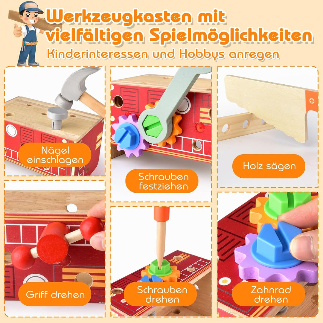 Werkzeugkoffer Kinder Werkbank, 2 in 1 Feuerwehrfahrzeug aus Holz und Werkzeug Kinder, Montessori Ho