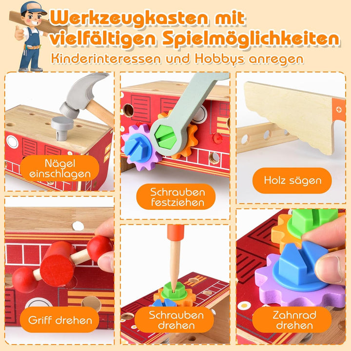 Werkzeugkoffer Kinder Werkbank, 2 in 1 Feuerwehrfahrzeug aus Holz und Werkzeug Kinder, Montessori Ho