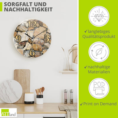 ARTLAND Wanduhr ohne Tickgeräusche aus Glas Funkuhr Ø 30 cm Rund Lautlos Ø 30 cm Braune Steinwand T9