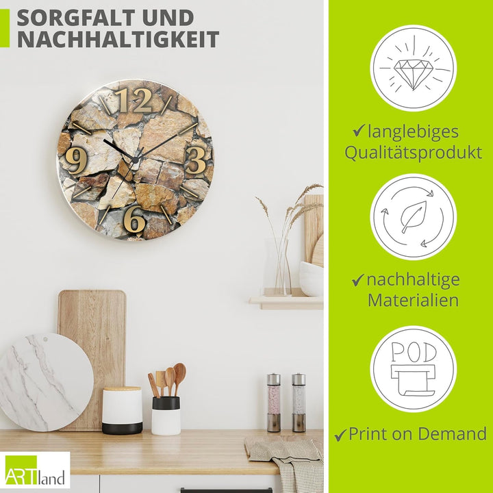 ARTLAND Wanddeko Wanduhr ohne Tickgeräusche aus Glas Quarzuhr Ø 30 cm Rund Lautlos Ø 30 cm Braune St
