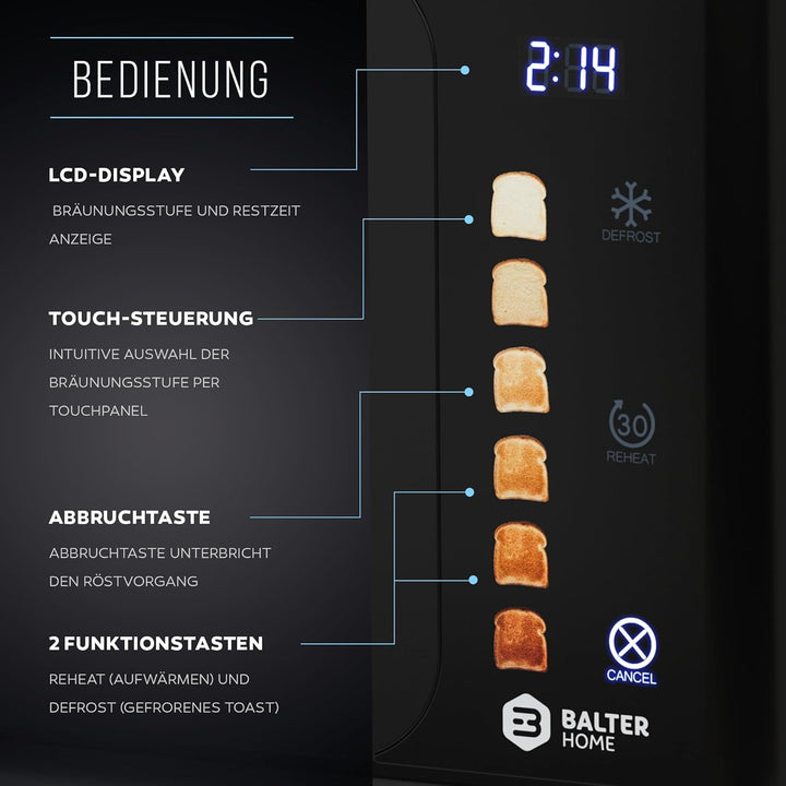 Balter Toaster 4 Scheiben Touch Bedienung, Langschlitz, Edelstahl, Brötchenaufsatz, LCD Display Rest