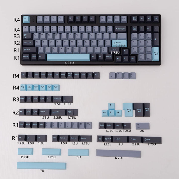 Schwarz Grau Blau Tastenkappen Set 173 Tasten Cherry Profil Doubleshot Custom Tastenkappen ISO ANSI