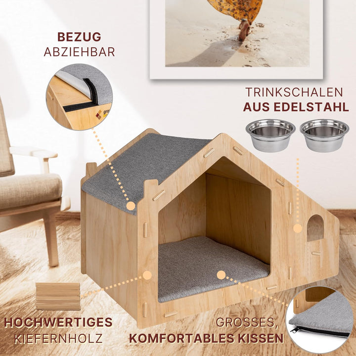 growpile Katzen- und Hundehäusschen aus hochwertigem Kiefernholz mit 2 Trinkschalen aus Edelstahl, z