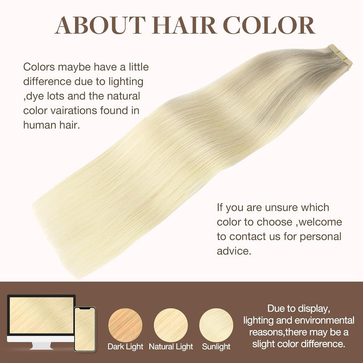 GOO GOO Tape in Extensions Echthaar, Aschblond bis Goldblond und Platinblond 30cm 20pcs 40g, Haarver