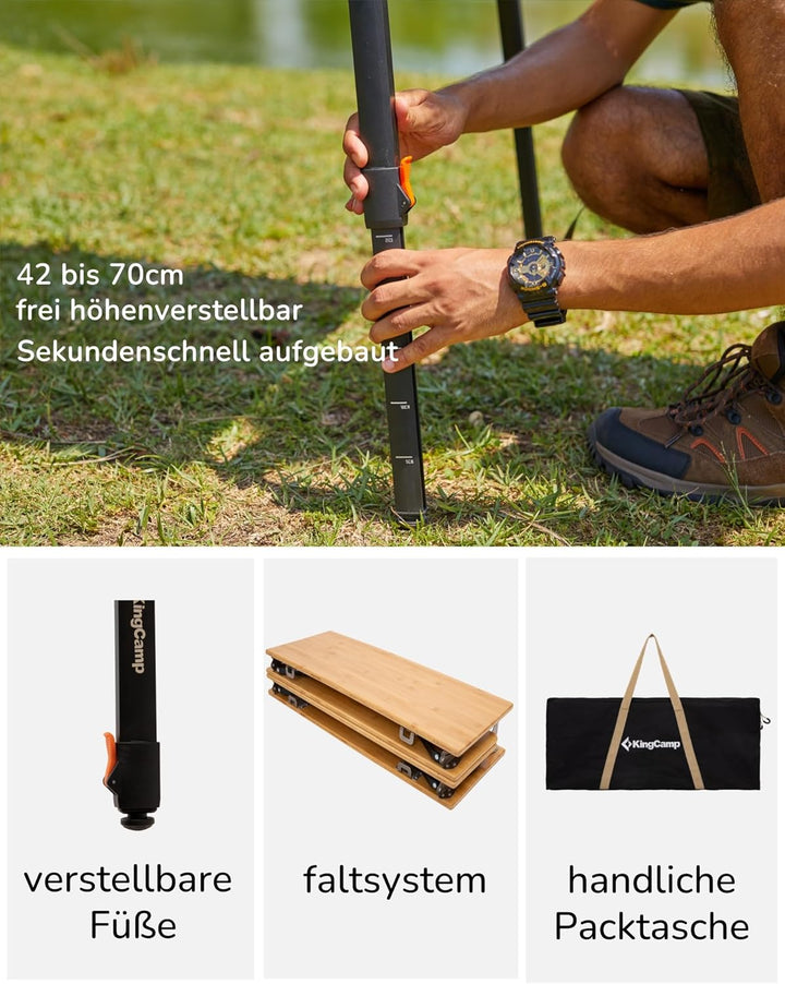 KingCamp Campingtisch Bambus 100x70 cm Klapptisch höhenverstellbar 42~70cm für 2-6 Personen 4 Falten