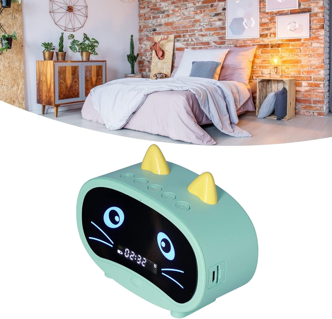 Bluetooth-Lautsprecher, Kleiner Radiowecker für Schlafzimmer, Doppelalarm, LED-Anzeige, Süsses Katze
