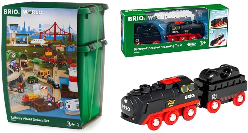 BRIO 33766 - Grosses Premium Set, Kunststoffboxen, Bauernhof Tiere & World 33884 Batterie-Dampflok m