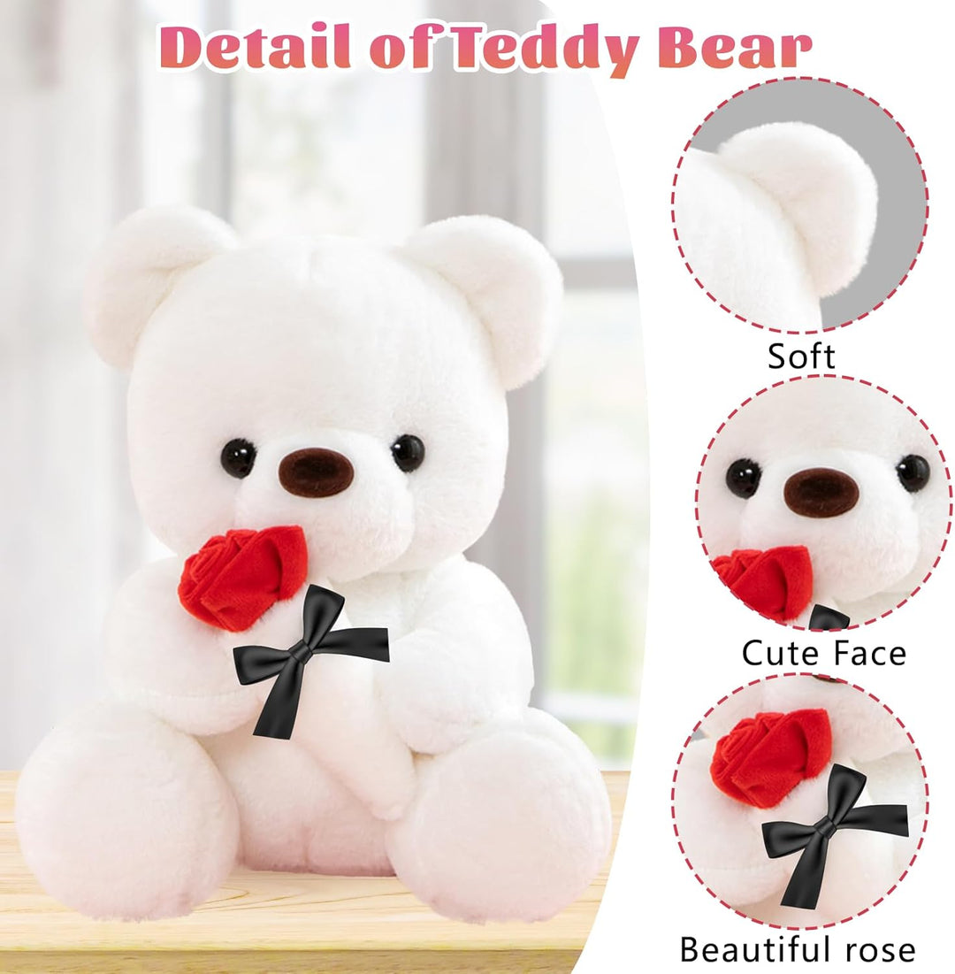Teddybär Weiss, 25cm Teddybär mit Rose Teddy Plüsch Plüsch-Bär Teddybären Stofftier Spielzeug Plüsch