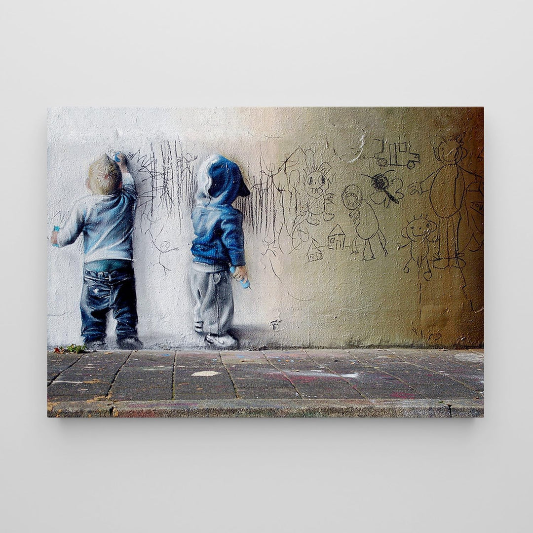 Giallobus - Gemälde - Banksy - - Standardleinwand - 100x70-12 - Graffiti-Kinder - Bereit zum Aufhäng