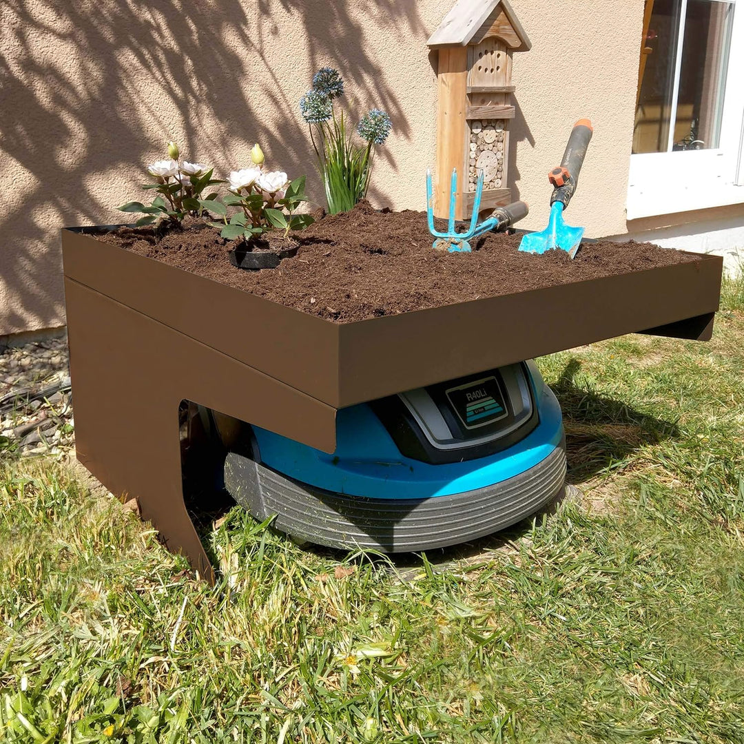 Mähroboter-Garage mit Pflanzkasten HWC-G60AM, Dach Unterstand für Rasenmäher, Metall 37x60x70cm - br