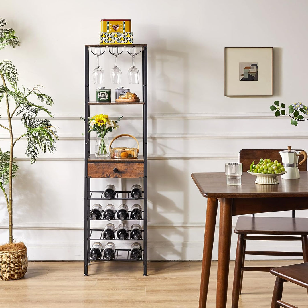 IBUYKE Weinregal, 4-Lagiges Freistehendes Weinregal Mit Glashalter Und Schublade, 16 Flaschenregal C
