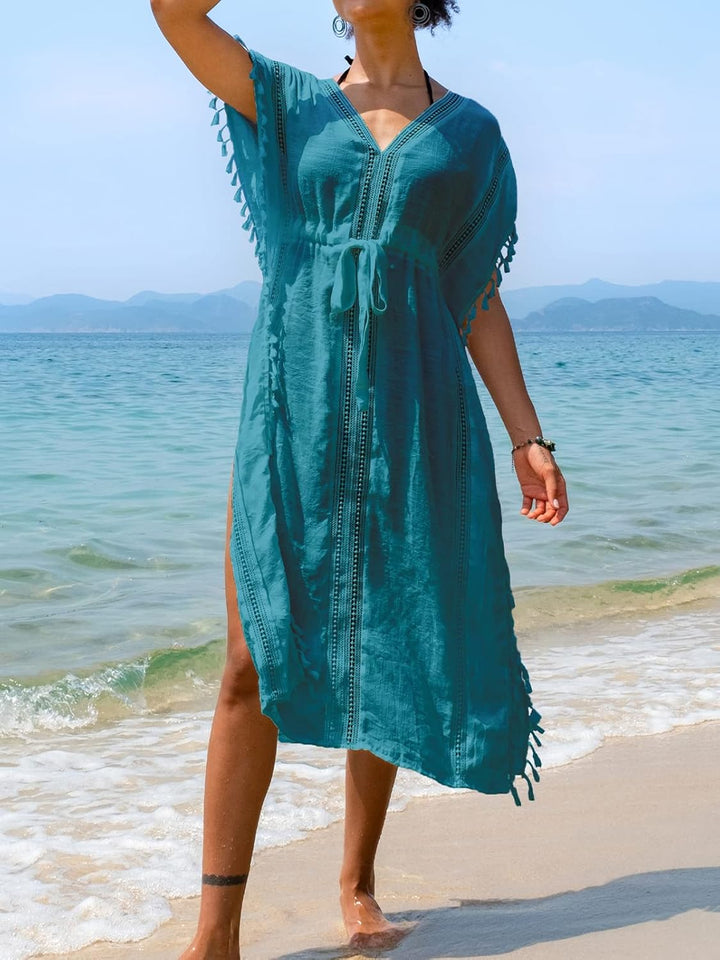 CUPSHE Damen Bademode mit Quastenbesatz und Gürtel in Midi-Länge S Blau, S Blau