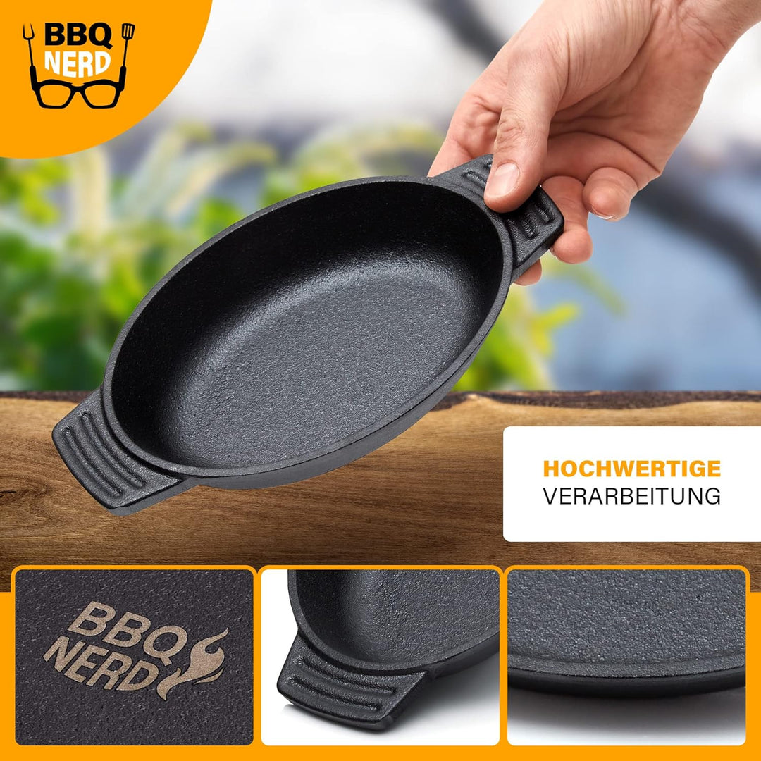 BBQ-Nerd Servierpfännchen aus Gusseisen im 6er Set - Grillpfännchen - oval 22,5x13 cm - zum Braten Ü
