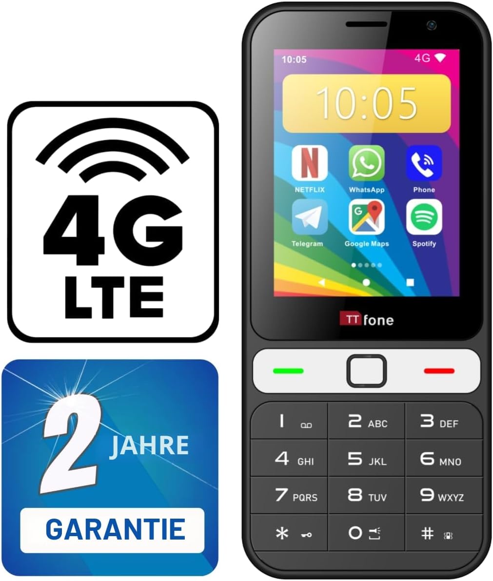 TTfone TT280 – Telefon 4G Dual SIM Single mit Android, 2,8 Zoll Touchscreen, Tastatur, 2 MP Kamera,