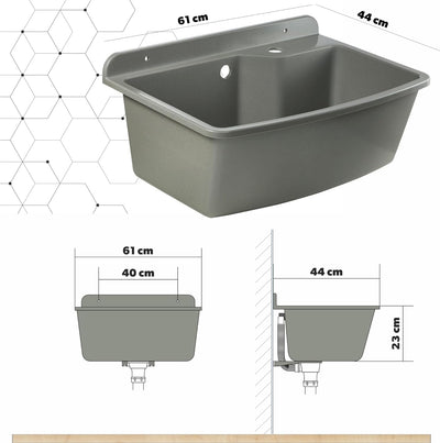 GOSPO Ausgussbecken mit stehende Armatur, Waschbecken 61 cm x 44 cm x 23,5 cm, Waschtrog mit Überlau